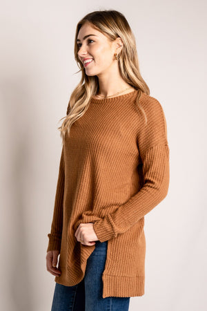 Zenana Full Size Round Neck Waffle-Knit Slit Tunic Sweater