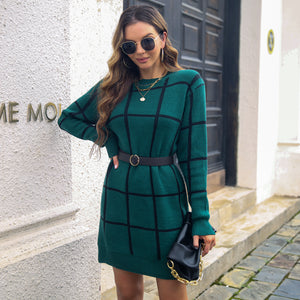 Grid Ribbed Trim Sweater Dress