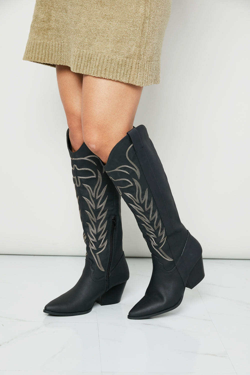 Qupid Cheyenne Nights Embroidered Knee High Cowboy Boots in Black
