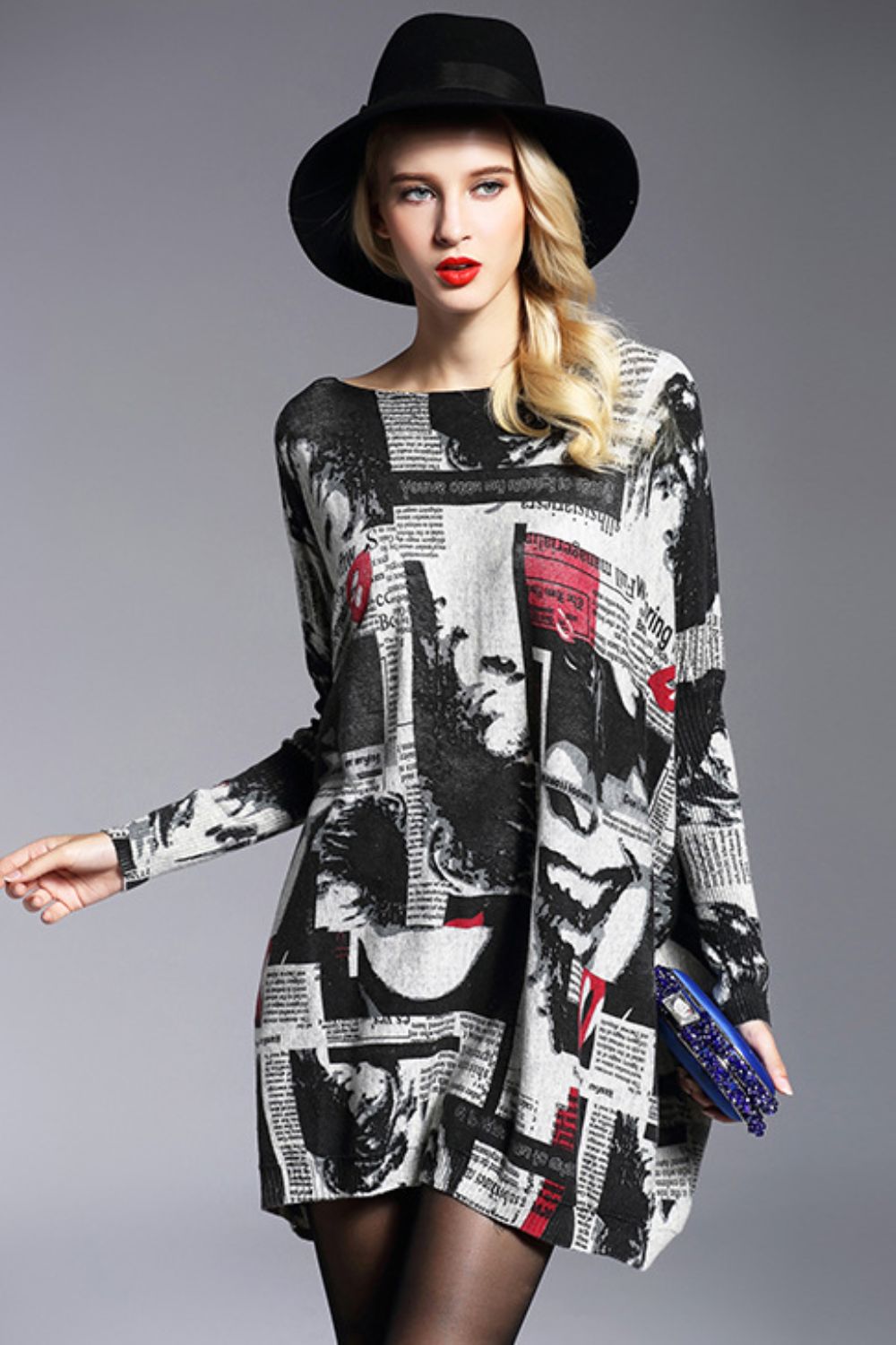 Newspaper Print Boat Neck Long Sleeve Sweater