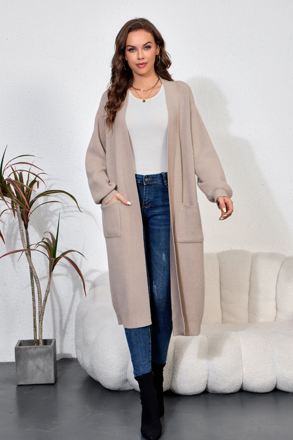 Open Front Duster Cardigan with Double Pockets