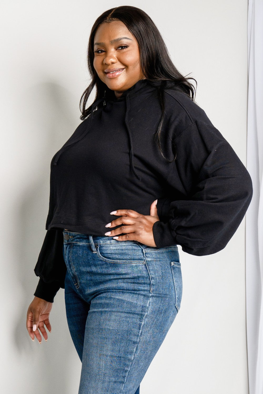 Zenana Full Size Balloon Sleeve Drawstring Detail Cropped Hoodie