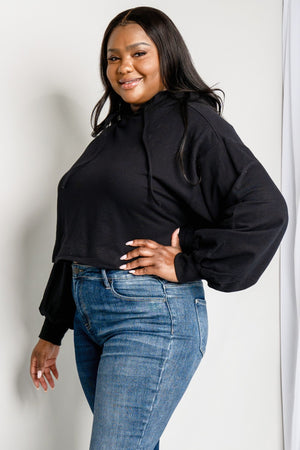 Zenana Full Size Balloon Sleeve Drawstring Detail Cropped Hoodie