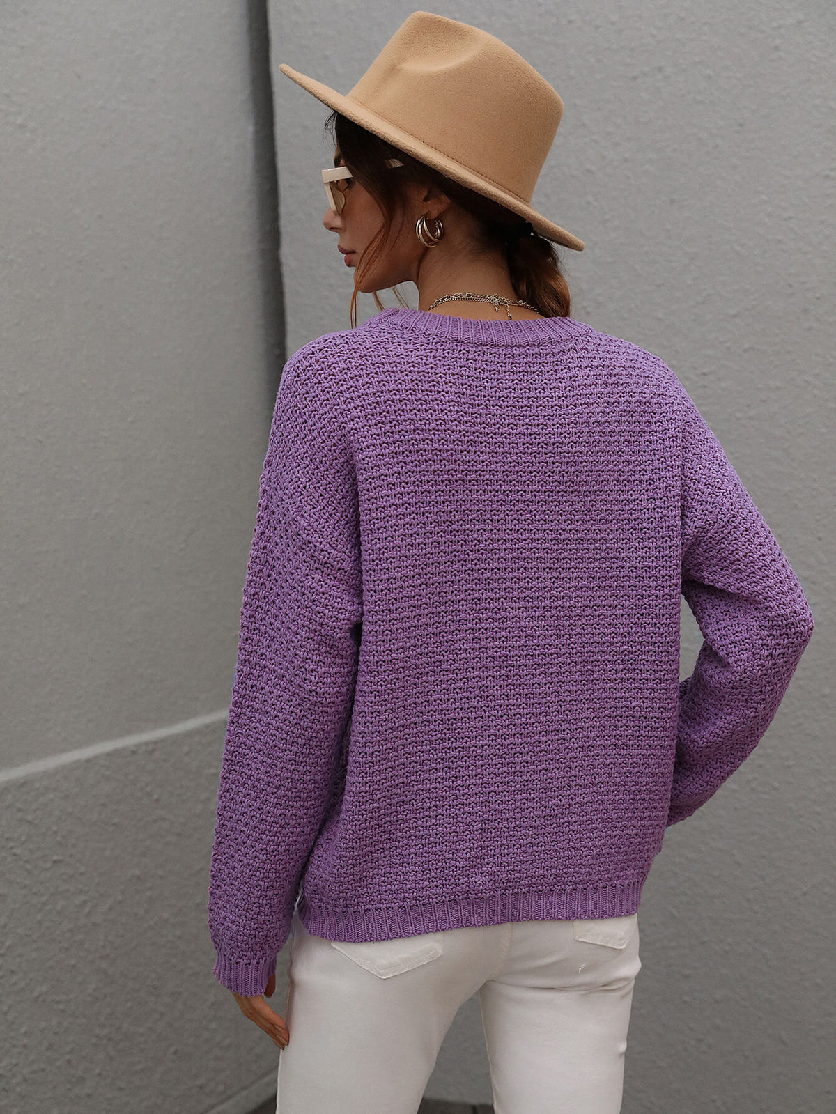 Drop Shoulder Round Neck Ribbed Cuff Sweater