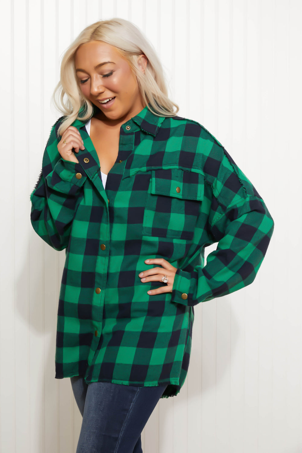 Davi &amp; Dani Peace Sign Full Size Plaid Embroidered Patch Shacket