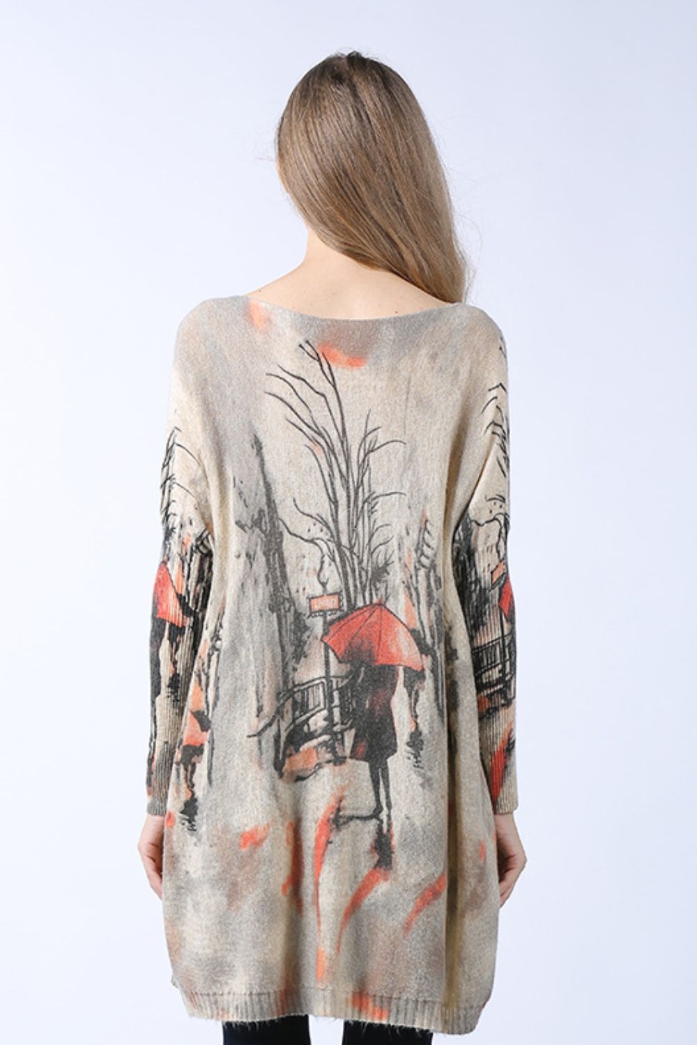 Don't Think Twice Printed Boat Neck Longline Knit Top