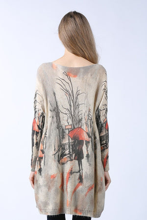 Don't Think Twice Printed Boat Neck Longline Knit Top