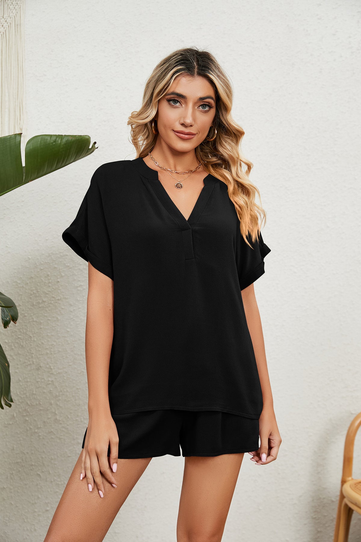 Notched Neck Top and Paperbag Waist Shorts Lounge Set
