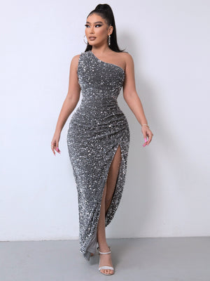 Sequin One Shoulder Split Maxi Dress