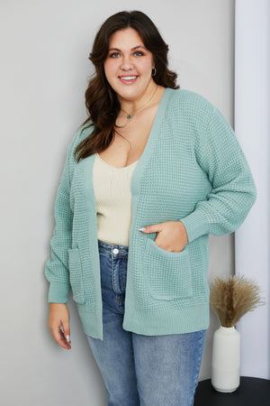 Zenana Full Size Waffle-Knit Open Front Cardigan with Pockets