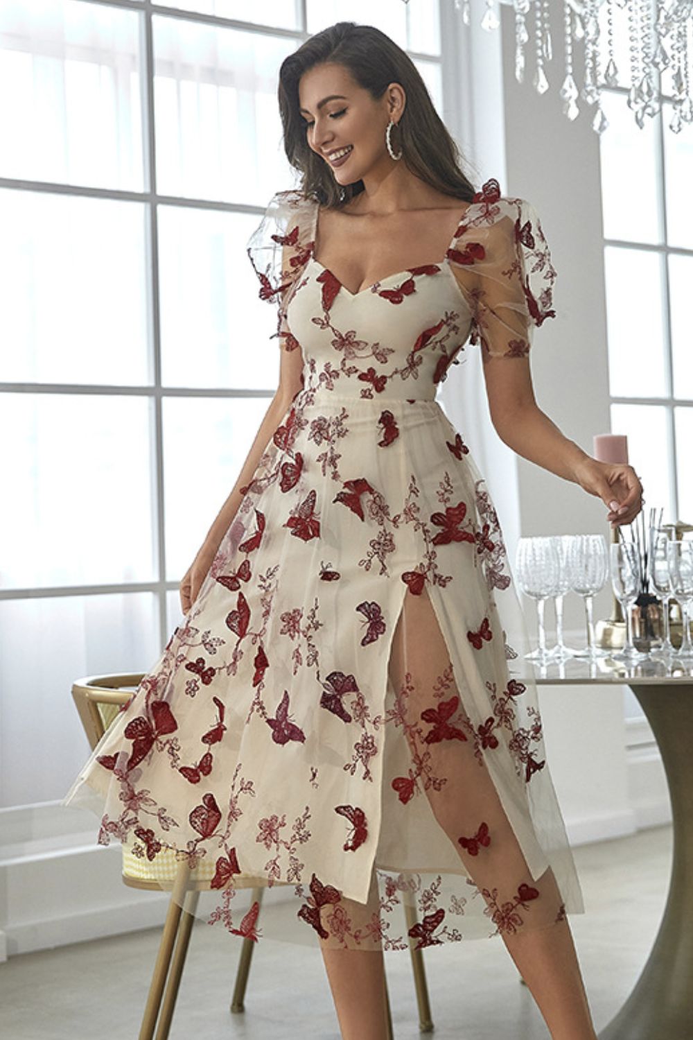 Butterfly Embroidery Puff Sleeve Midi Dress