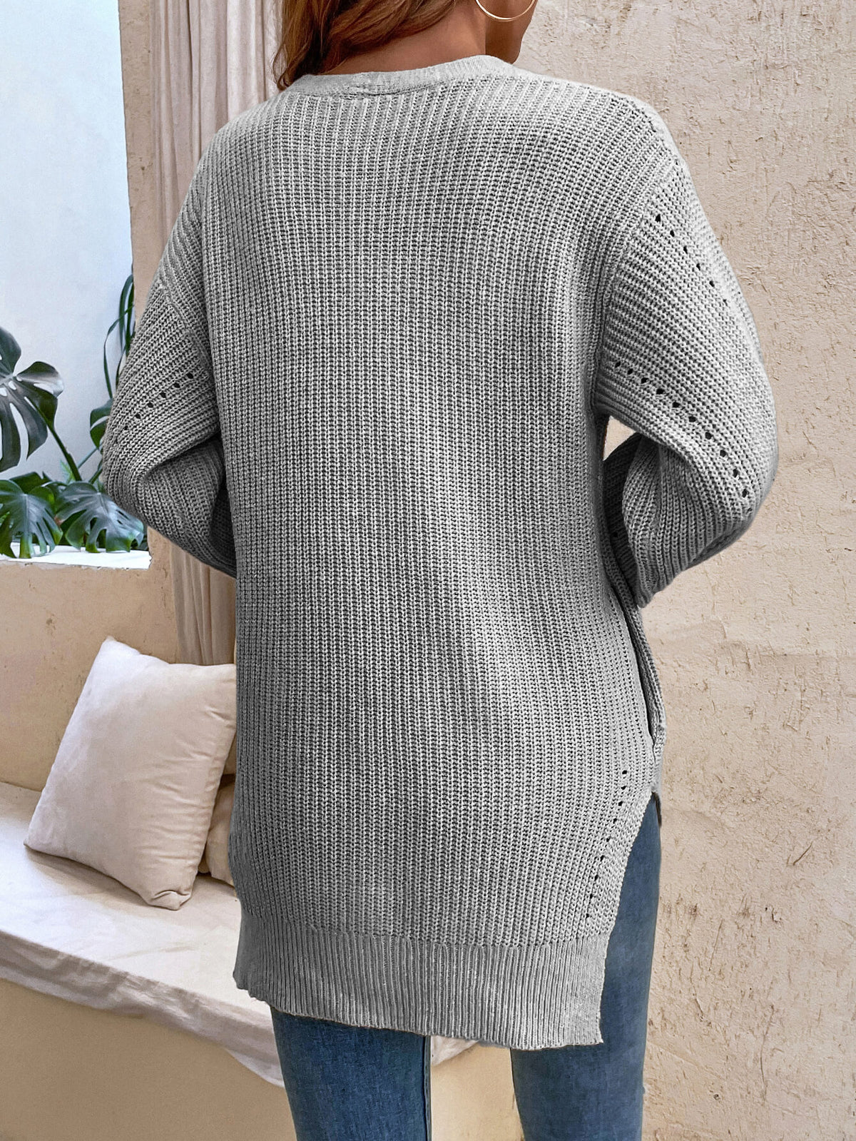 Button-Up Side Slit Drop Shoulder Cardigan