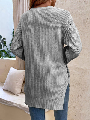 Button-Up Side Slit Drop Shoulder Cardigan