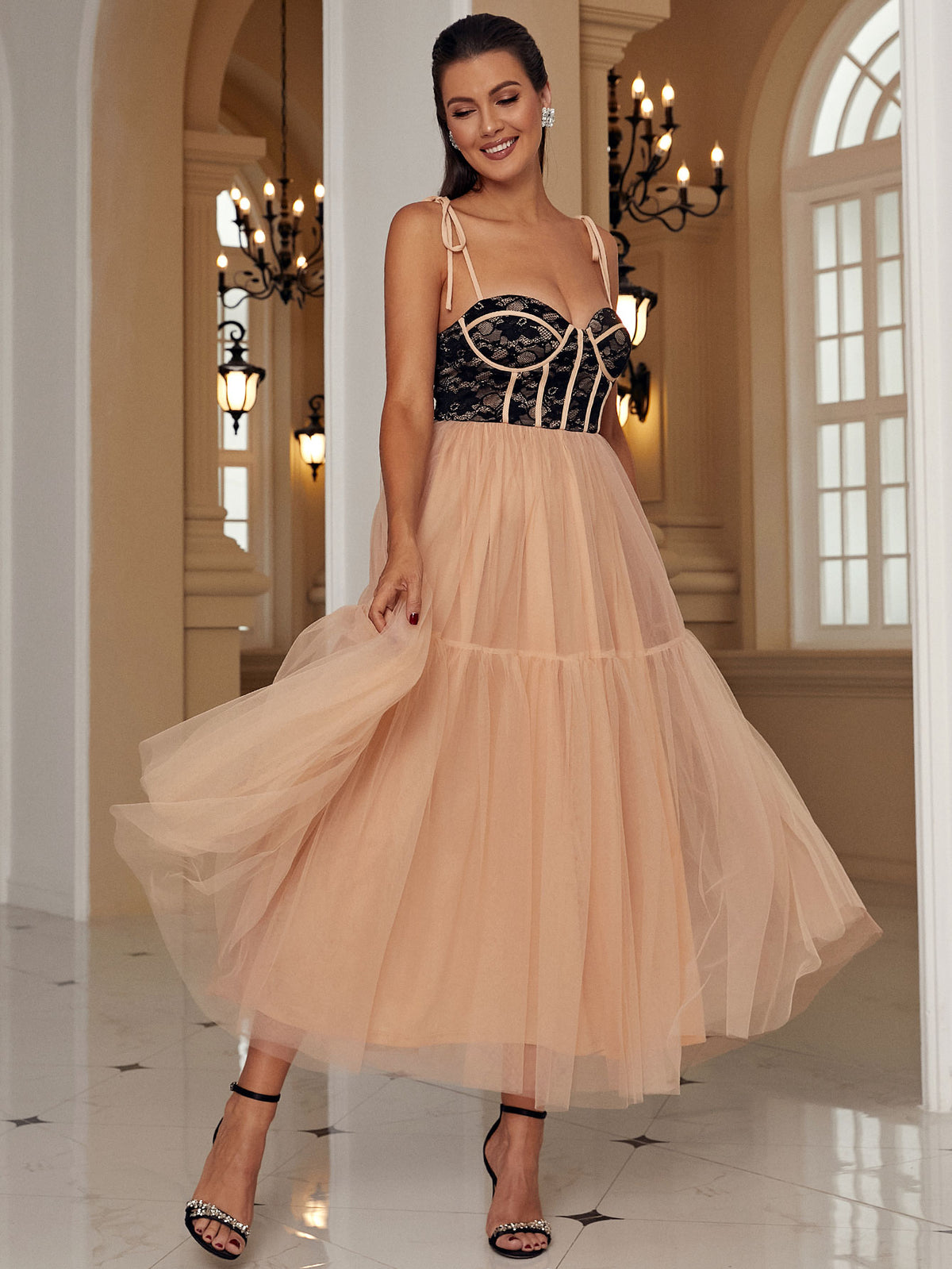Two-Tone Tie-Shoulder Spliced Tulle Dress