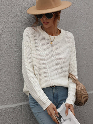 Drop Shoulder Round Neck Ribbed Cuff Sweater