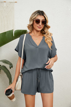 Notched Neck Top and Paperbag Waist Shorts Lounge Set