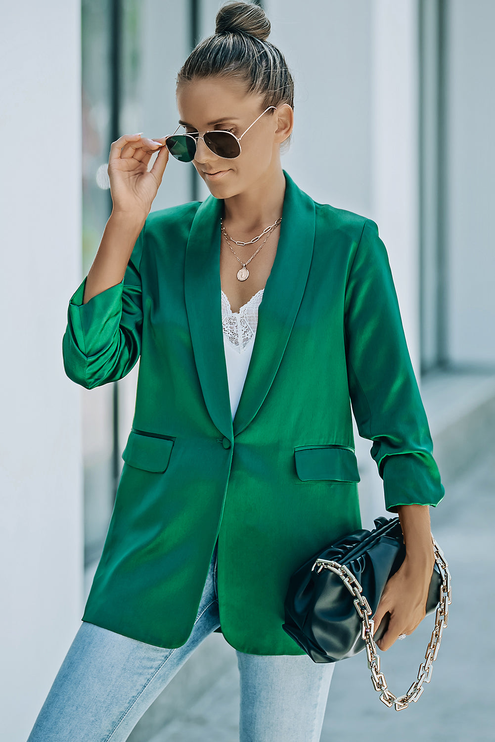 One-Button Gathered Sleeve Shawl Collar Blazer