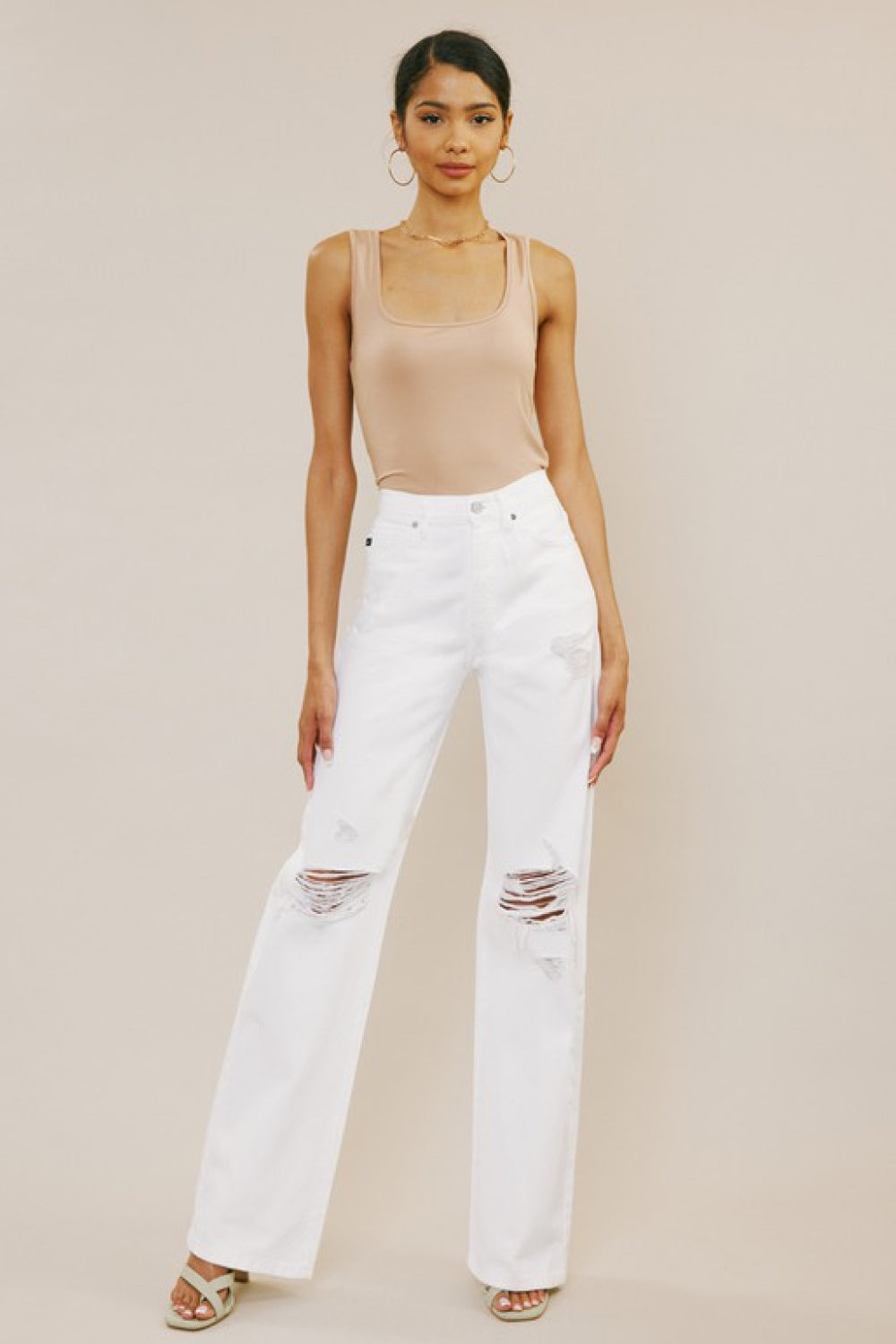 Kancan High-Rise Distressed Flare Jeans in White