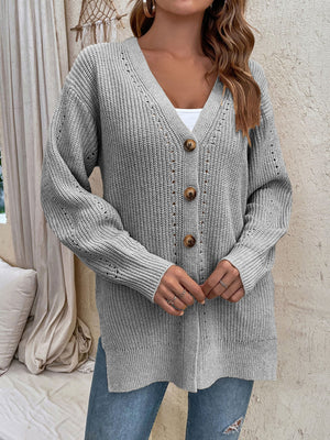 Button-Up Side Slit Drop Shoulder Cardigan