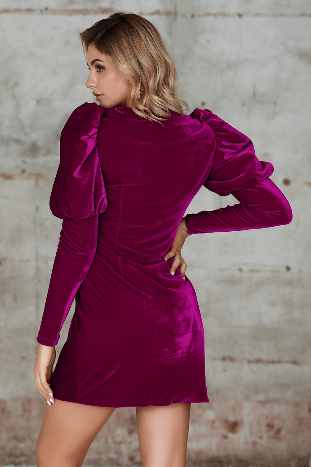 One-Button Lantern Sleeve Velvet Dress