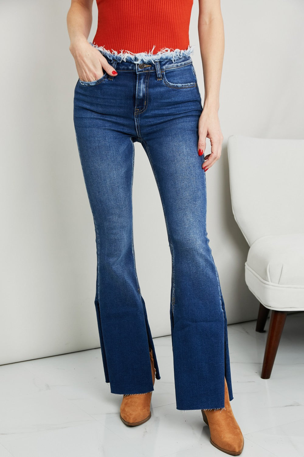 Zenana Frayed Trim Side Slit Jeans
