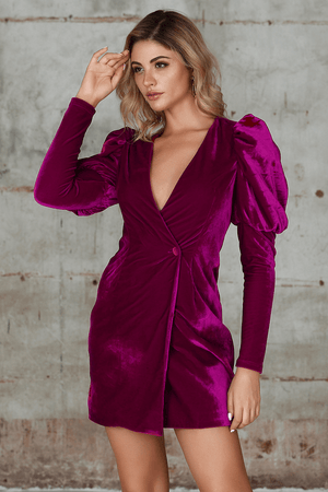 One-Button Lantern Sleeve Velvet Dress