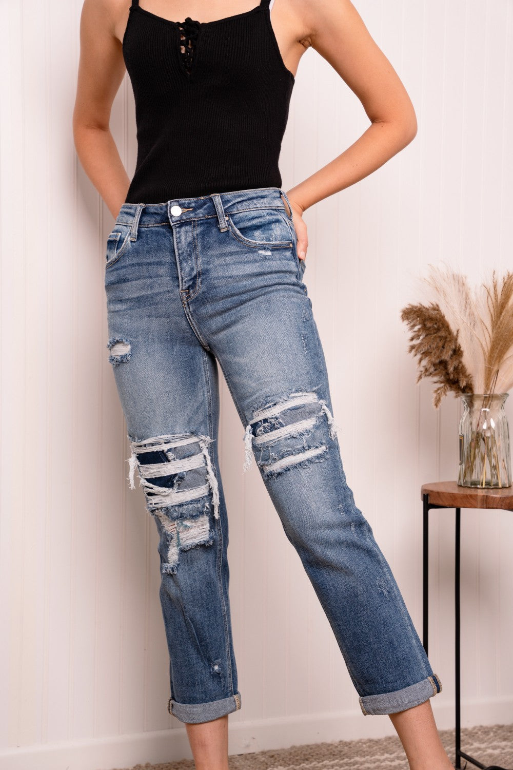 RISEN Full Size Distressed Jeans with Pockets