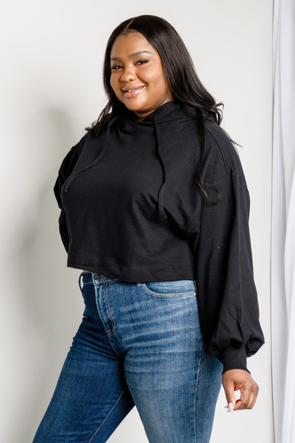 Zenana Full Size Balloon Sleeve Drawstring Detail Cropped Hoodie