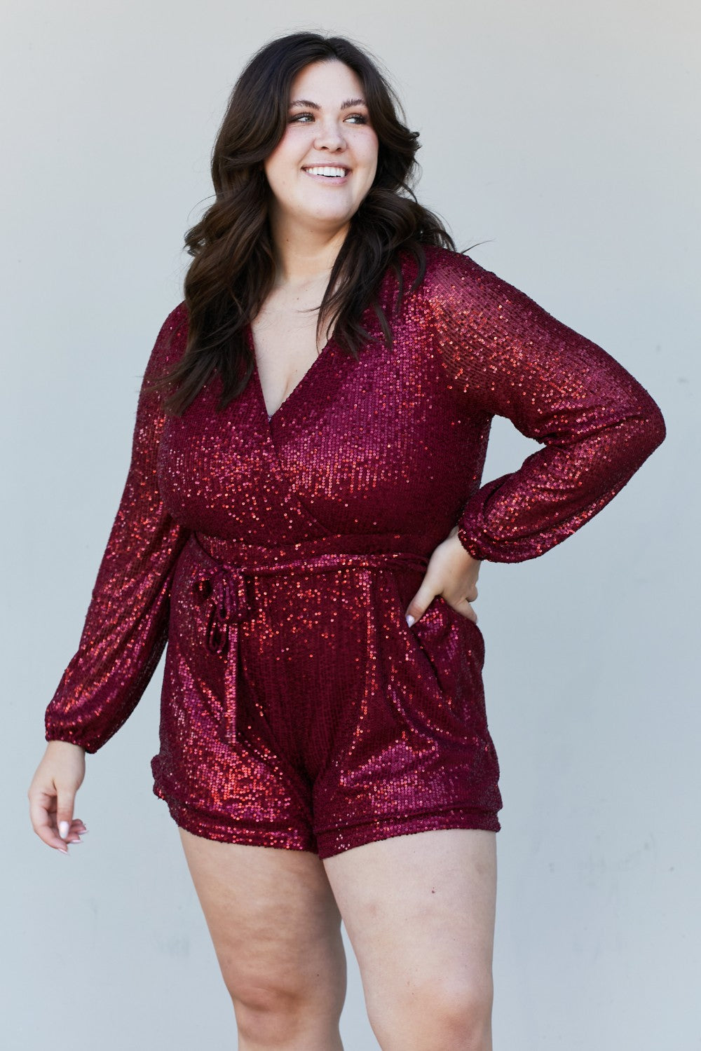 Haptics Full Size Sequin Belted V-Neck Romper