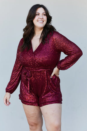 Haptics Full Size Sequin Belted V-Neck Romper