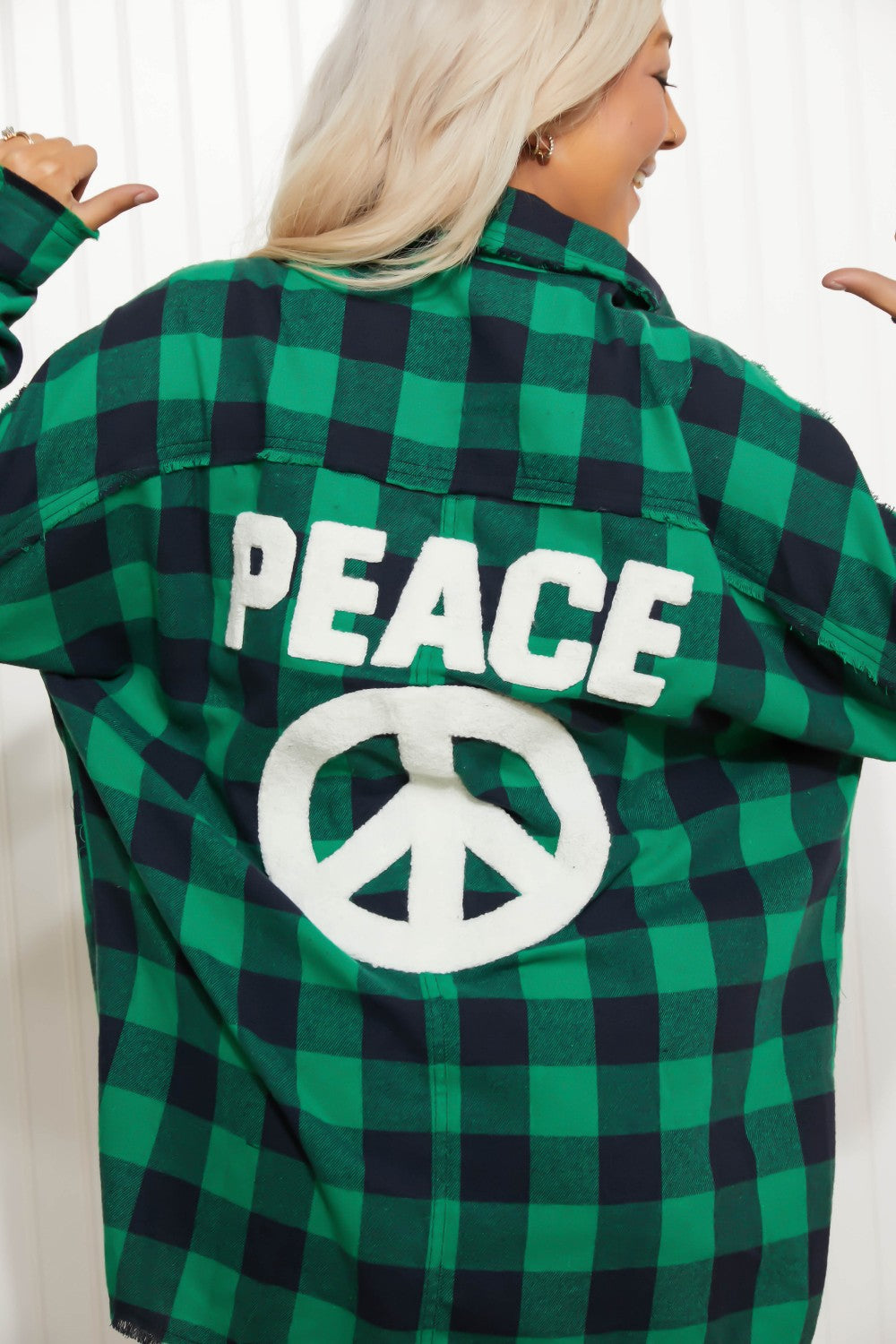 Davi &amp; Dani Peace Sign Full Size Plaid Embroidered Patch Shacket