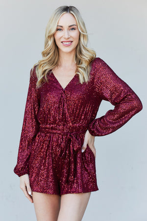 Haptics Full Size Sequin Belted V-Neck Romper