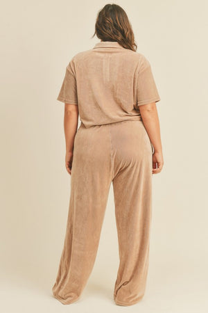 Kimberly C Full Size Cropped Polo Shirt and Wide Leg Pants Set in Taupe