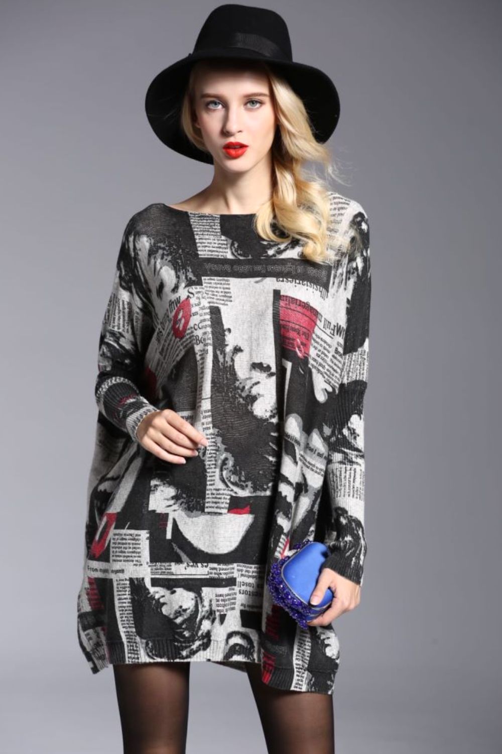 Newspaper Print Boat Neck Long Sleeve Sweater