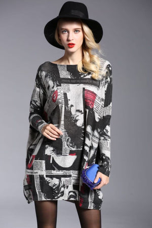 Newspaper Print Boat Neck Long Sleeve Sweater