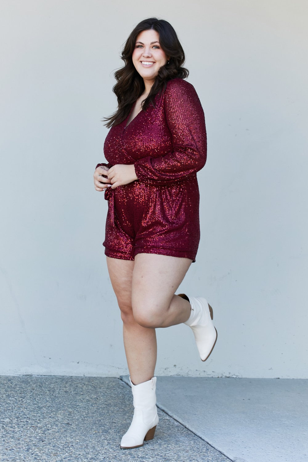 Haptics Full Size Sequin Belted V-Neck Romper