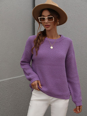 Drop Shoulder Round Neck Ribbed Cuff Sweater