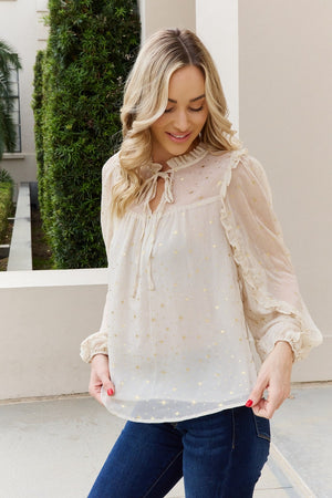 Mine and E&M Glitter Frill Trim Tie Neck Blouse
