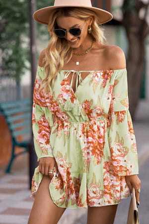 Floral Off-Shoulder Tassel Tie Romper