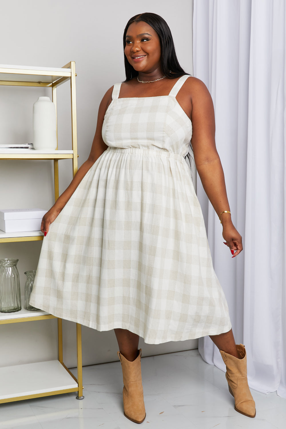 Gilli Full Size Plaid Square Neck Sleeveless Dress with Pockets