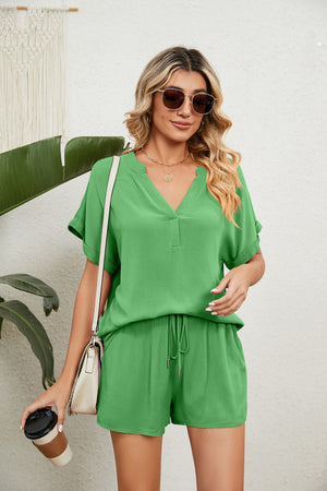 Notched Neck Top and Paperbag Waist Shorts Lounge Set