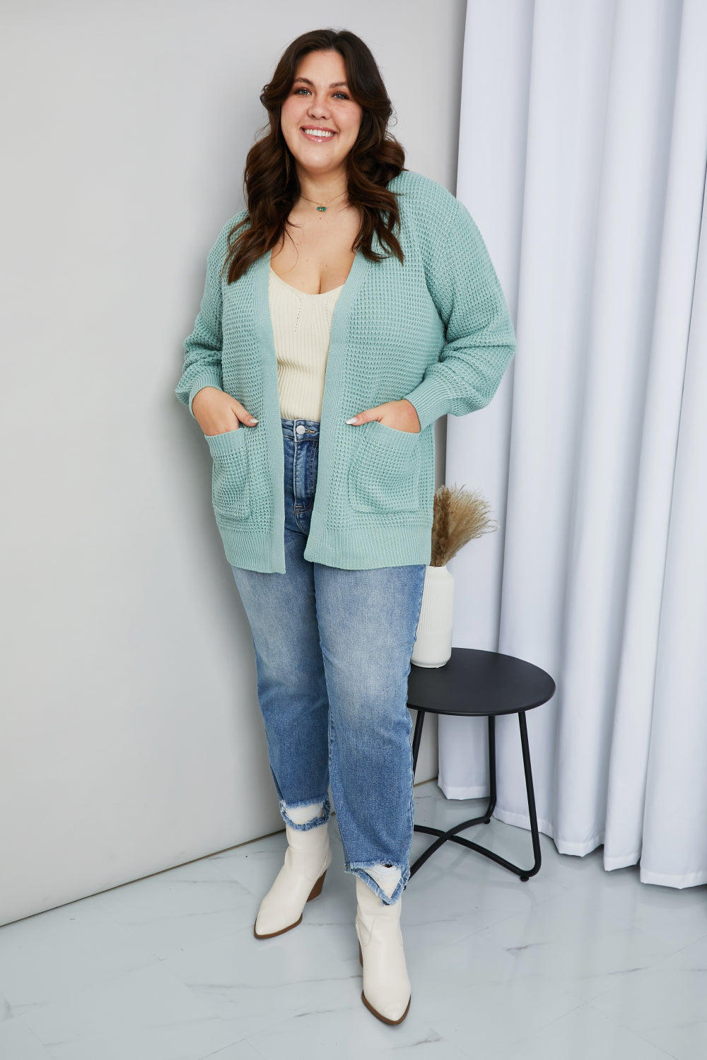 Zenana Full Size Waffle-Knit Open Front Cardigan with Pockets