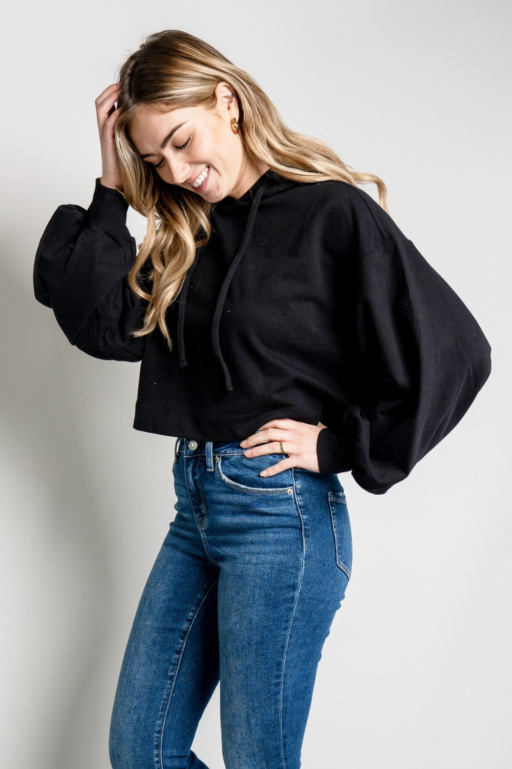 Zenana Full Size Balloon Sleeve Drawstring Detail Cropped Hoodie