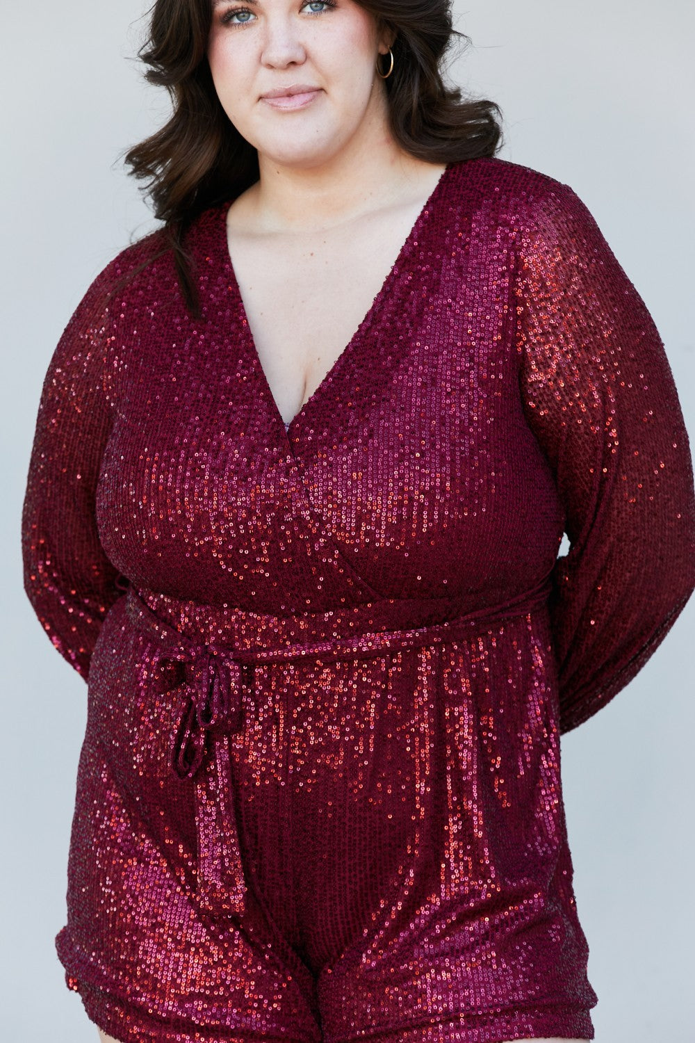 Haptics Full Size Sequin Belted V-Neck Romper