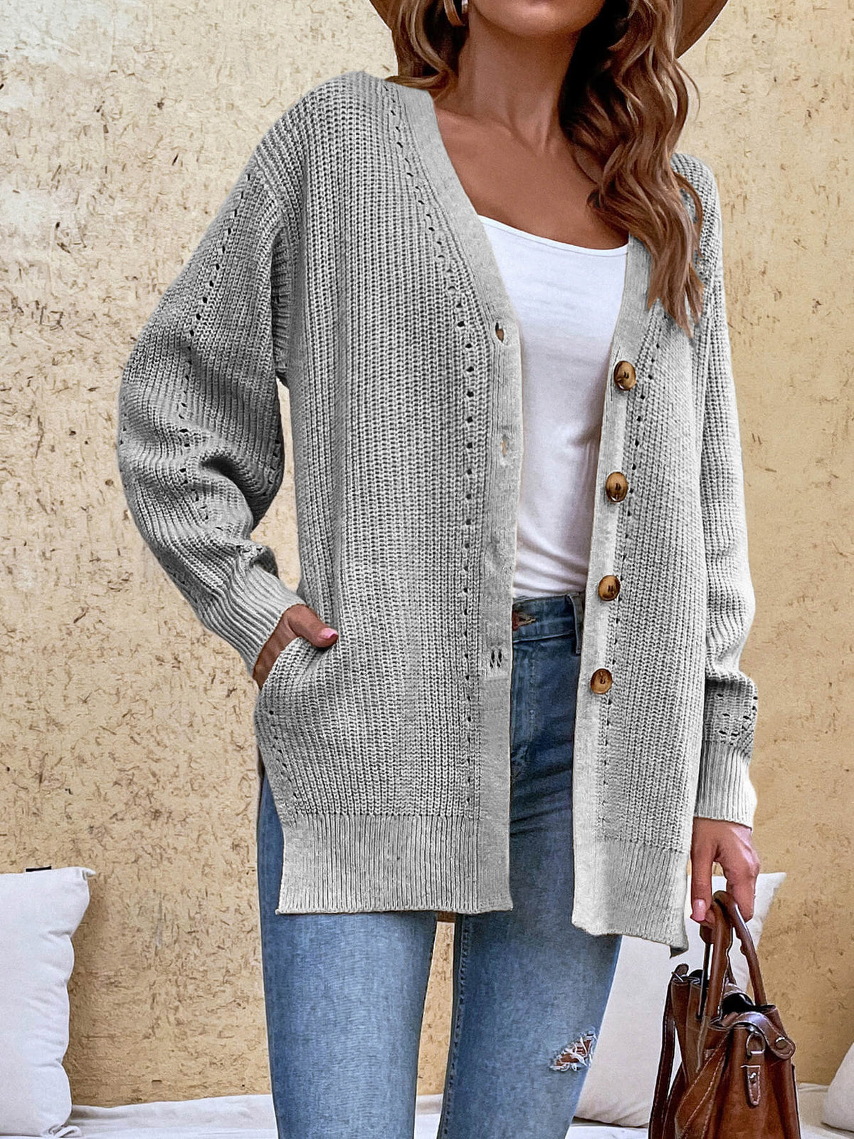 Button-Up Side Slit Drop Shoulder Cardigan