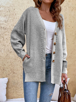 Button-Up Side Slit Drop Shoulder Cardigan