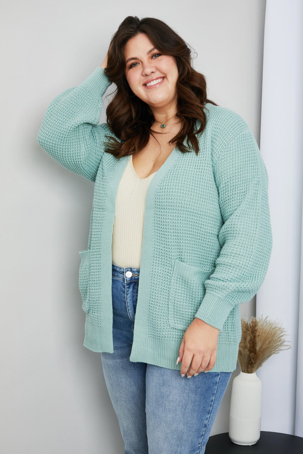 Zenana Full Size Waffle-Knit Open Front Cardigan with Pockets