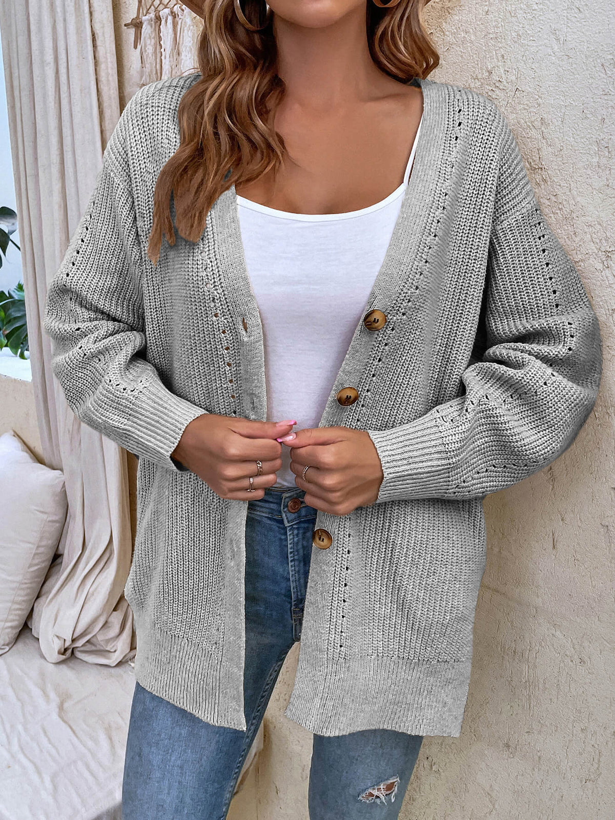 Button-Up Side Slit Drop Shoulder Cardigan