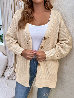 Button-Up Side Slit Drop Shoulder Cardigan