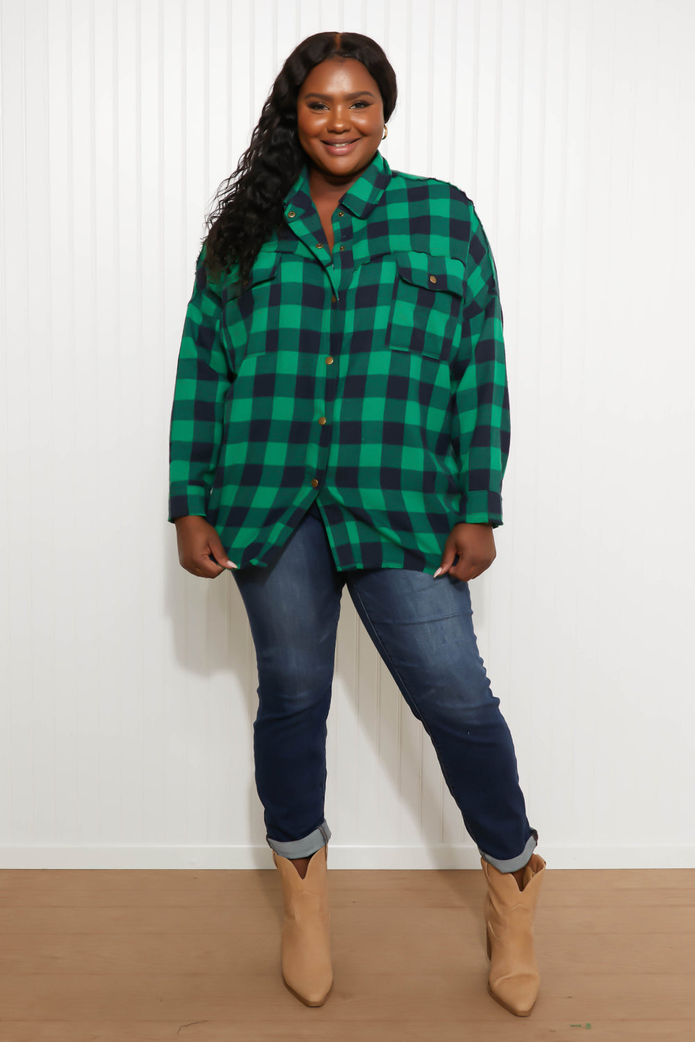 Davi &amp; Dani Peace Sign Full Size Plaid Embroidered Patch Shacket